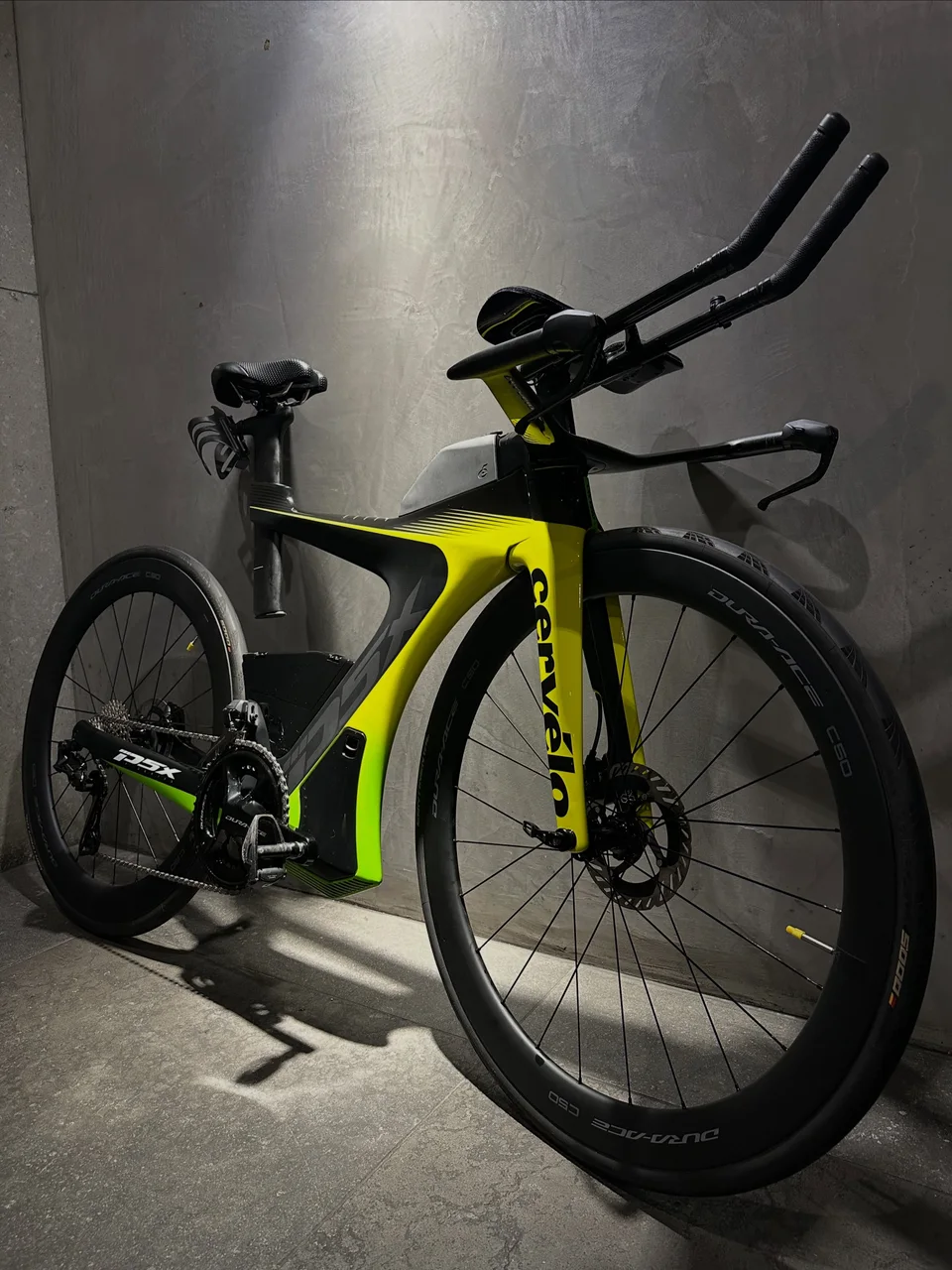 Black and yellow Cervélo P5X after servicing at Velox