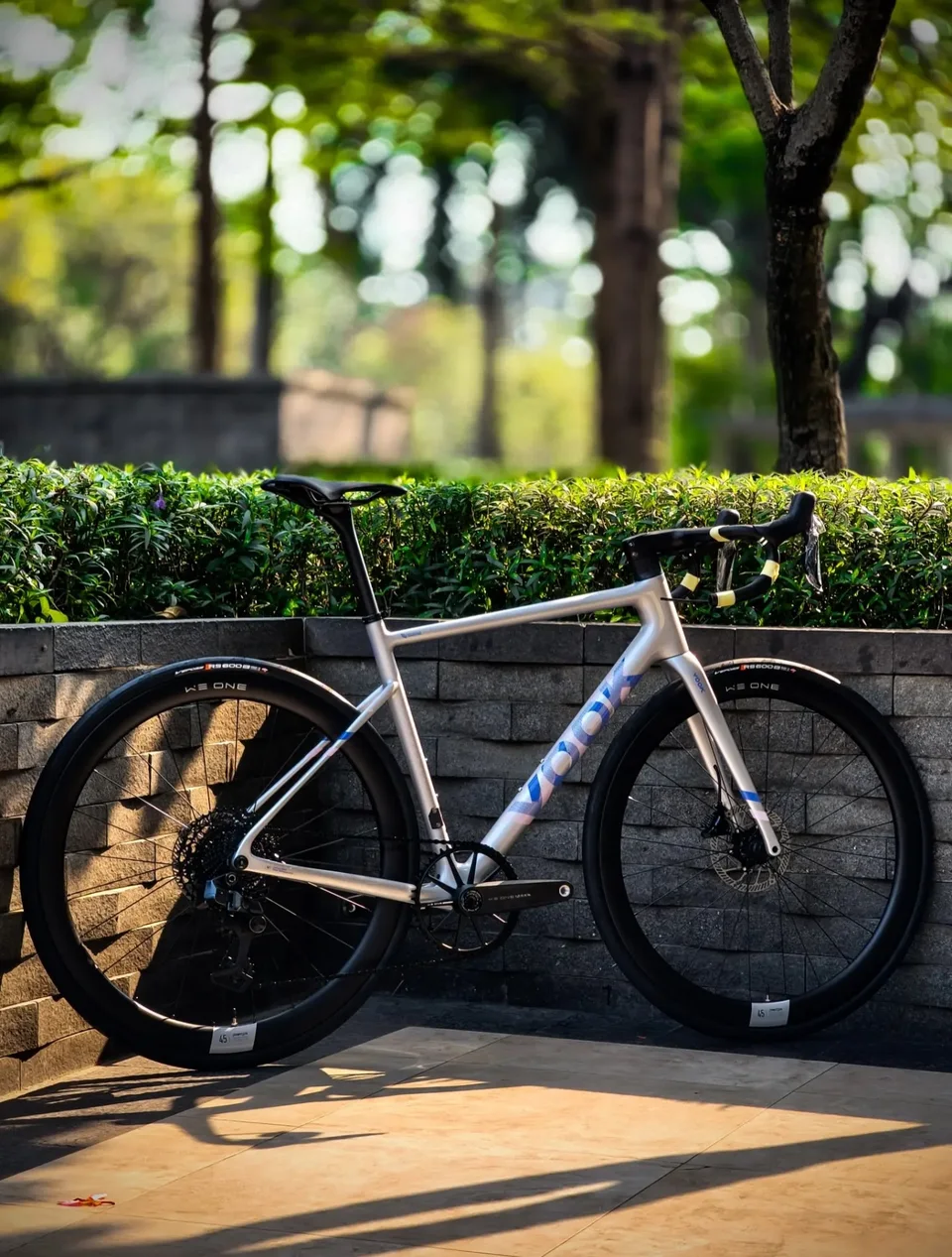 Silver VOOK complete road bike photographed outdoors
